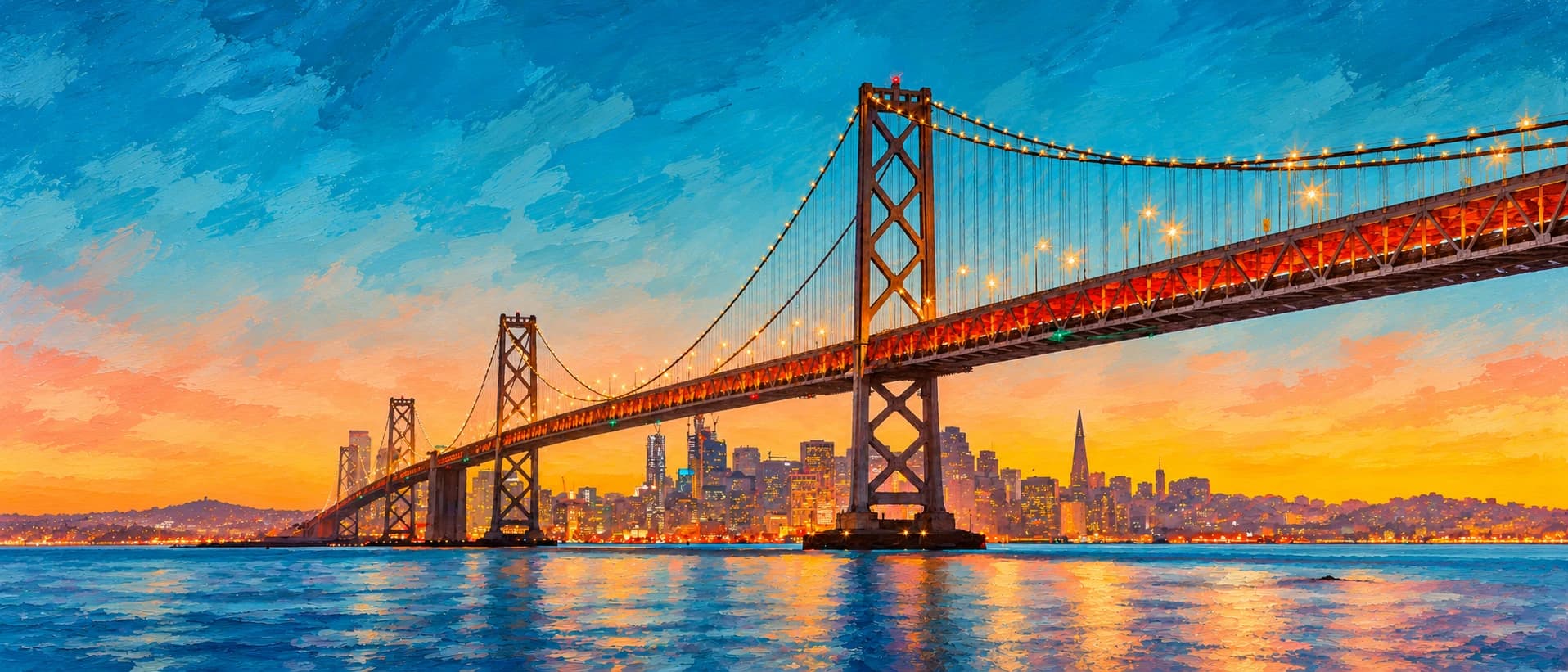 Impressionist painting of the Bay Bridge and San Francisco skyline at sunset