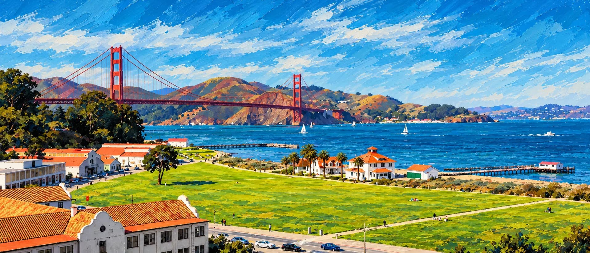 Impressionist painting of the Golden Gate Bridge seen across the Presidio on a bright day