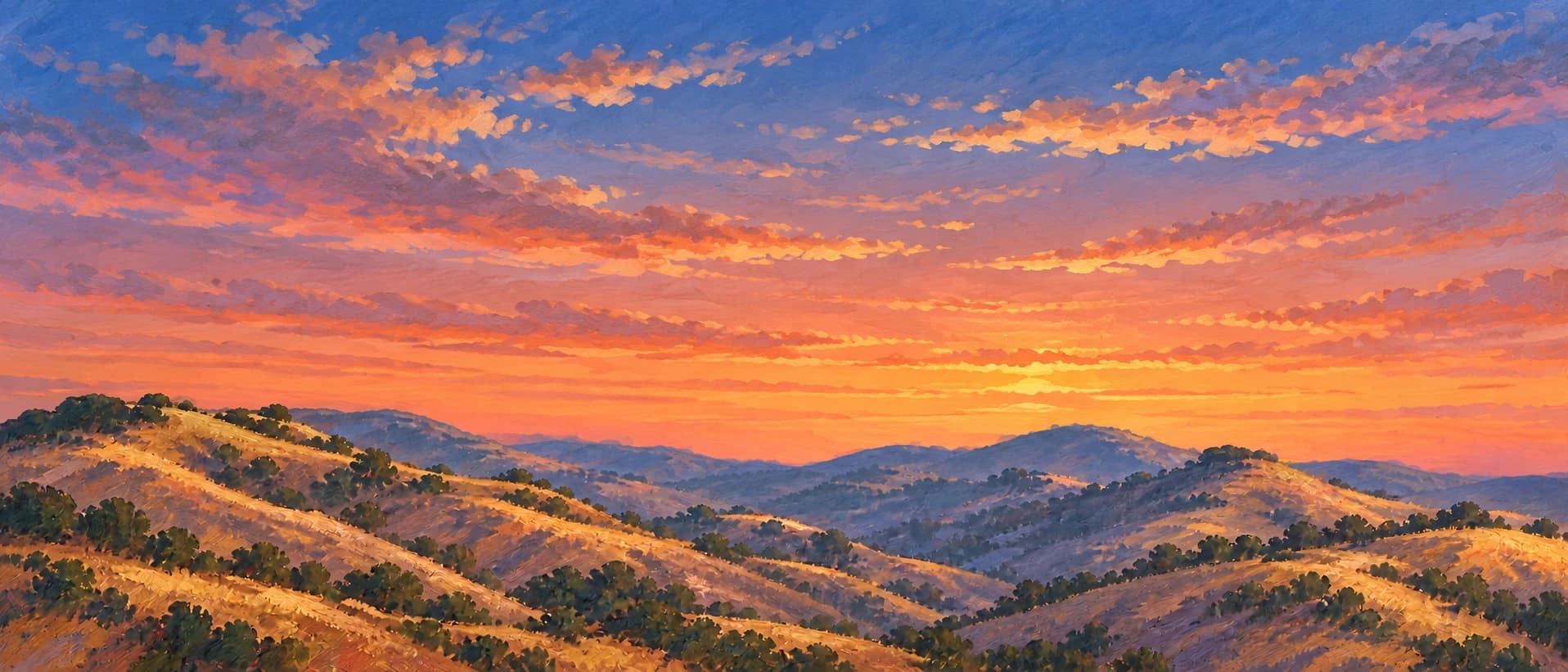 Painted golden hills under an orange sunset sky